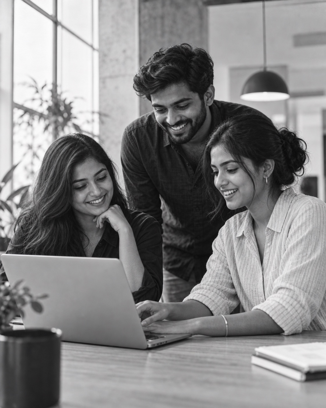 Illustrative scene of three colleagues collaborating around a laptop